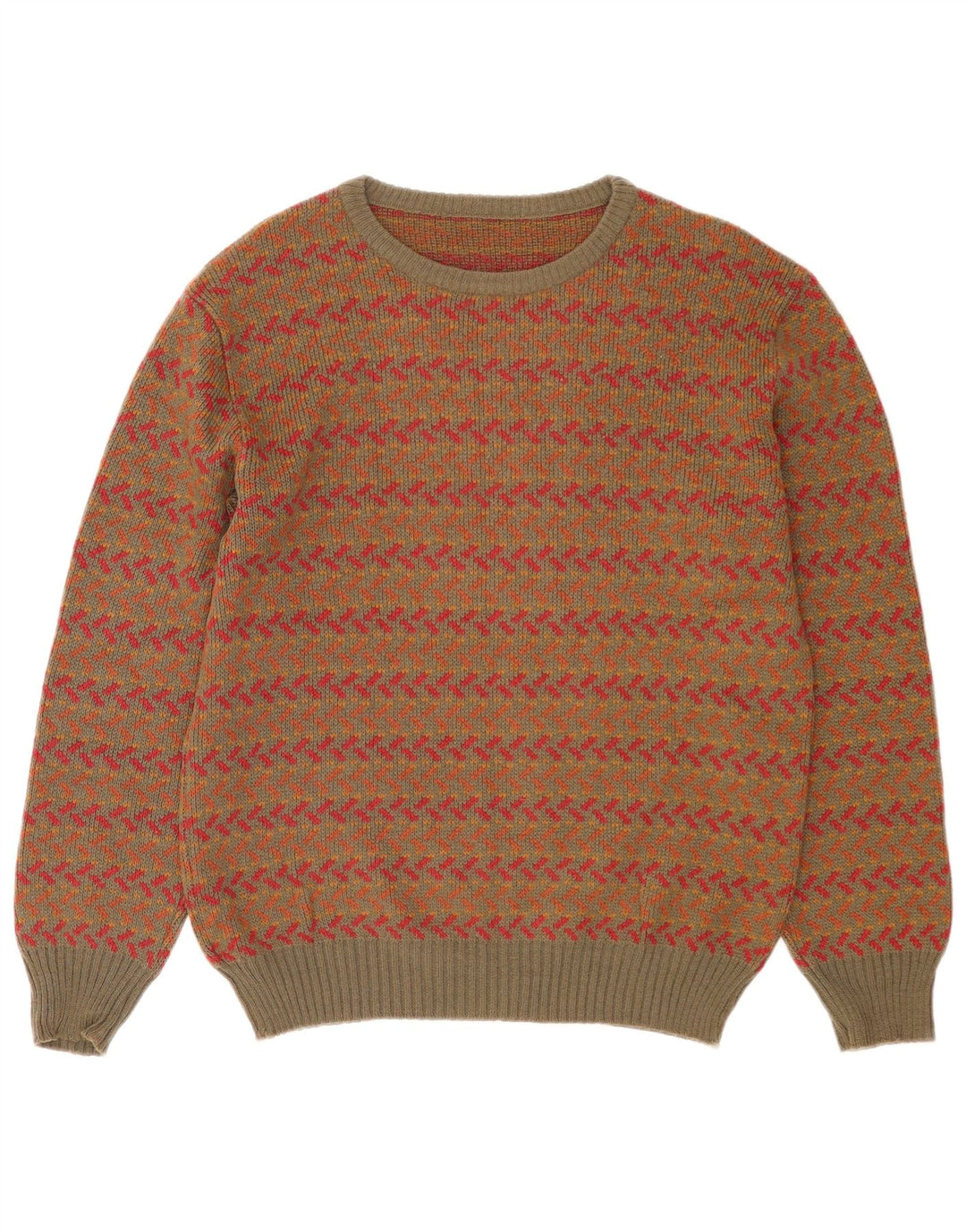 Pulover Vintage pentru bărbați cu decolteu rotund din lână geometrică kaki medie