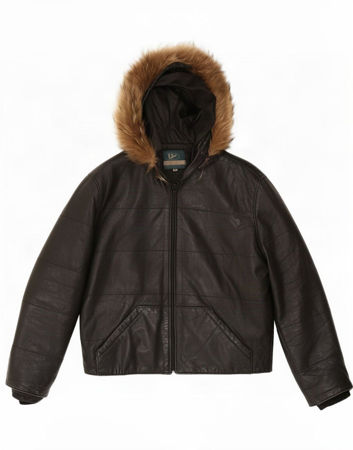 Jachetă de piele cu glugă Pellitalia pentru femei UK 14 Medium Black