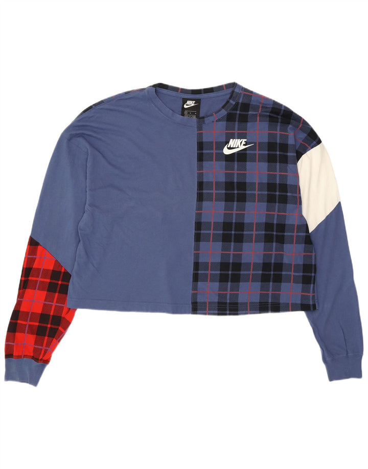 Top grafic supradimensionat pentru femei NIKE cu mânecă lungă UK 14 Medium Blue Check