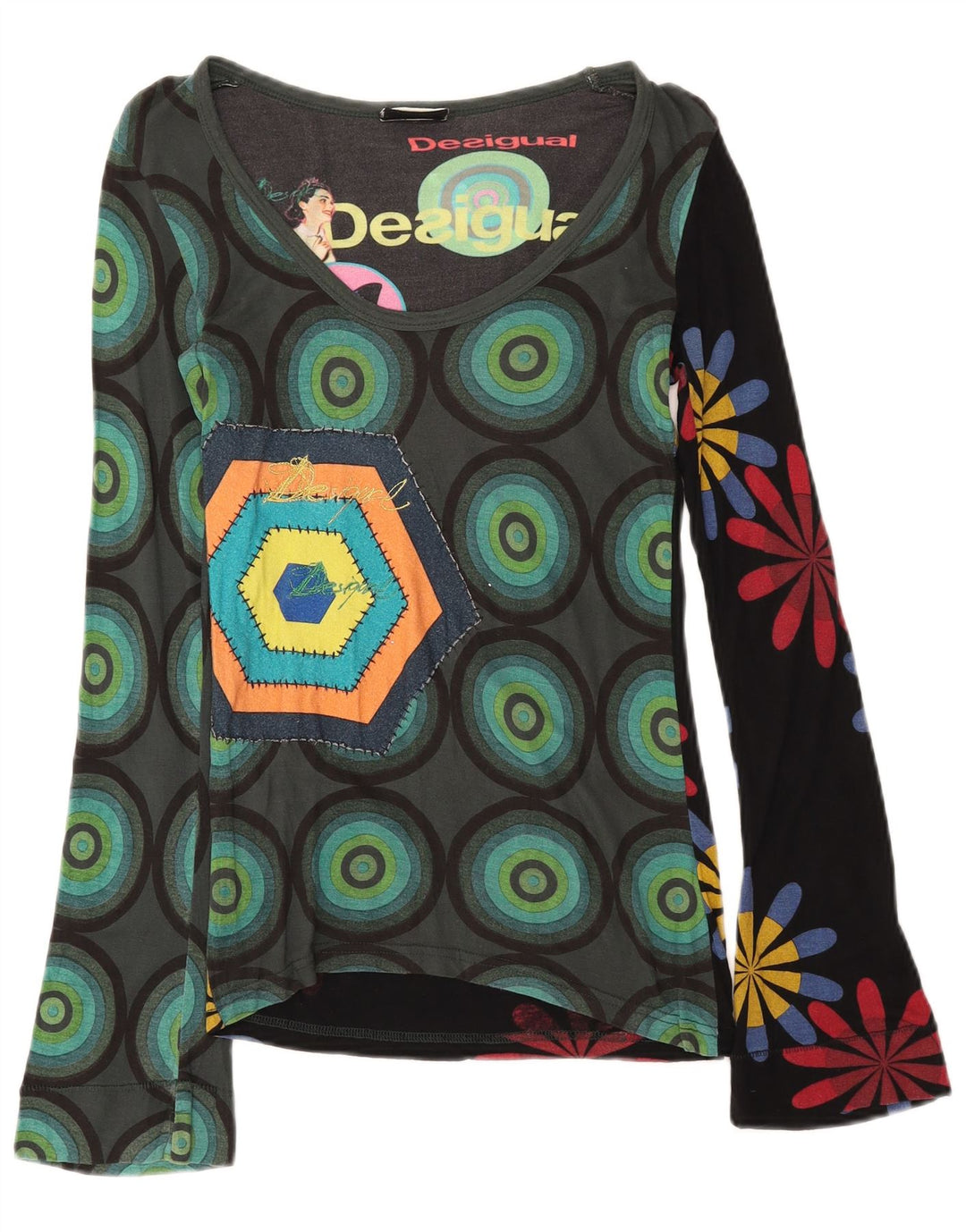Desigual Top grafic pentru femei cu mânecă lungă UK 8, mic, multicolor, viscoză