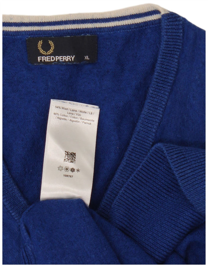 Fred Perry Pulover cu decolteu în V pentru bărbați, XL, lână albastră