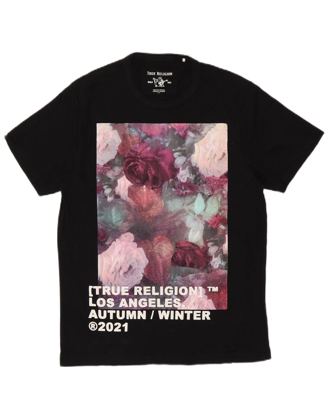 TRUE RELIGION Tricou grafic pentru bărbați Top mic, negru, floral, bumbac