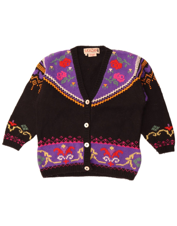 Pulover cardigan supradimensionat vintage pentru femei UK 14 Medium Negru Lână florală