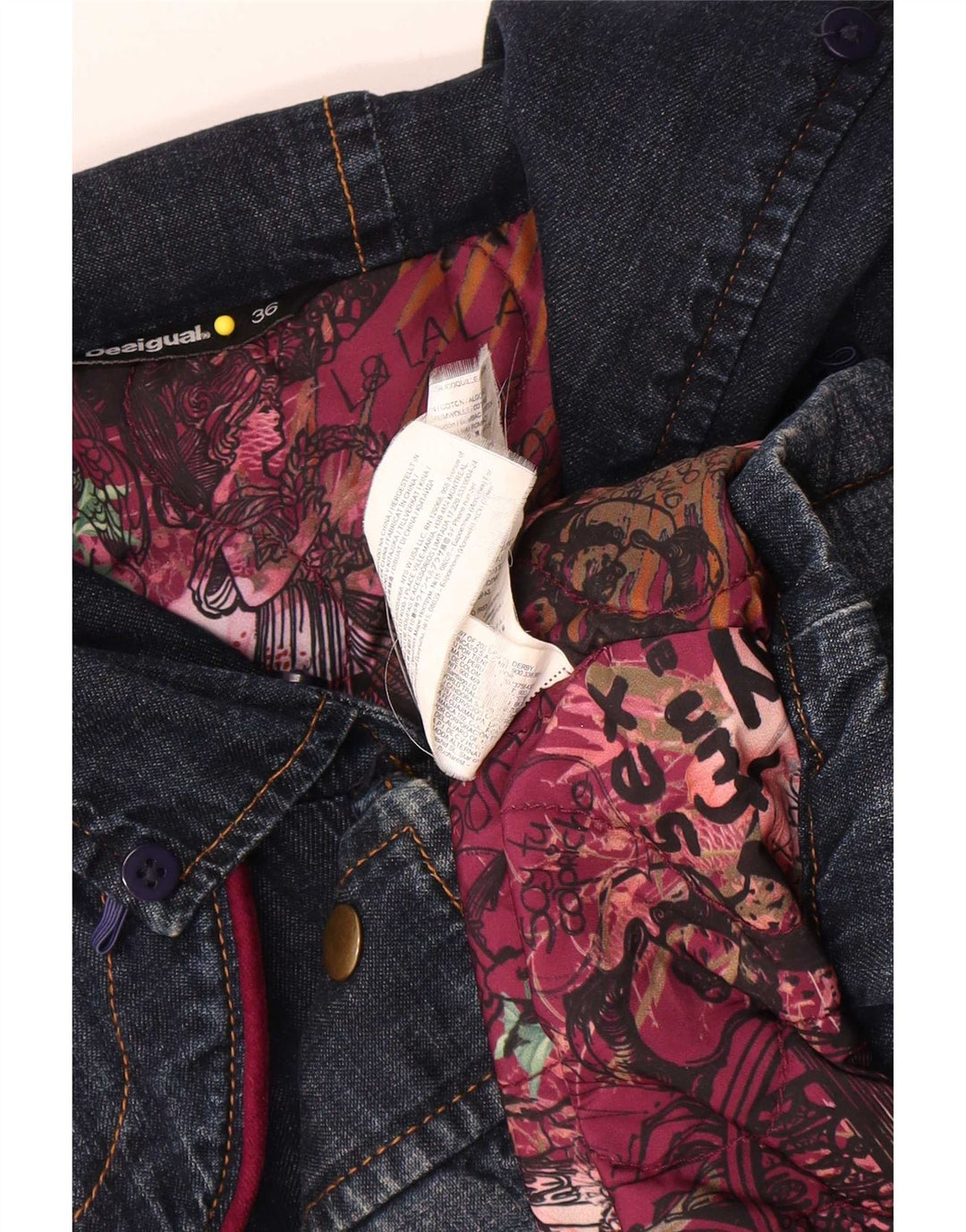Palton Desigual pentru femei, cu grafică supradimensionată, din denim, EU 36, mic, albastru marin, floral