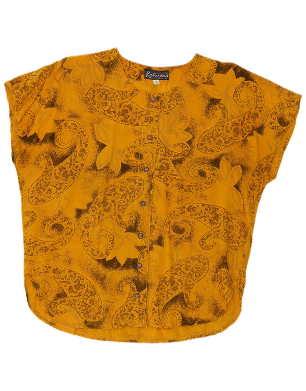 Bluză vintage cămașă cu mânecă scurtă pentru femei UK 10 Small Yellow Paisley