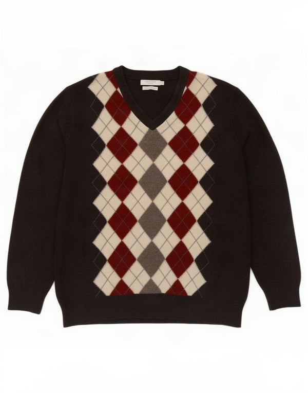 Luca D'altieri Pulover pentru bărbați cu decolteu în V, 2XL, maro, lână Argyle/Diamond