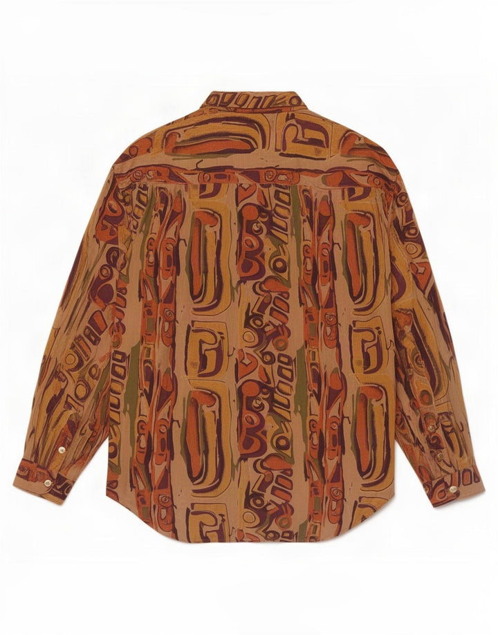 Bluză de cămașă vintage pentru femei cu paragate cu model abstract, UK 14, maro mediu