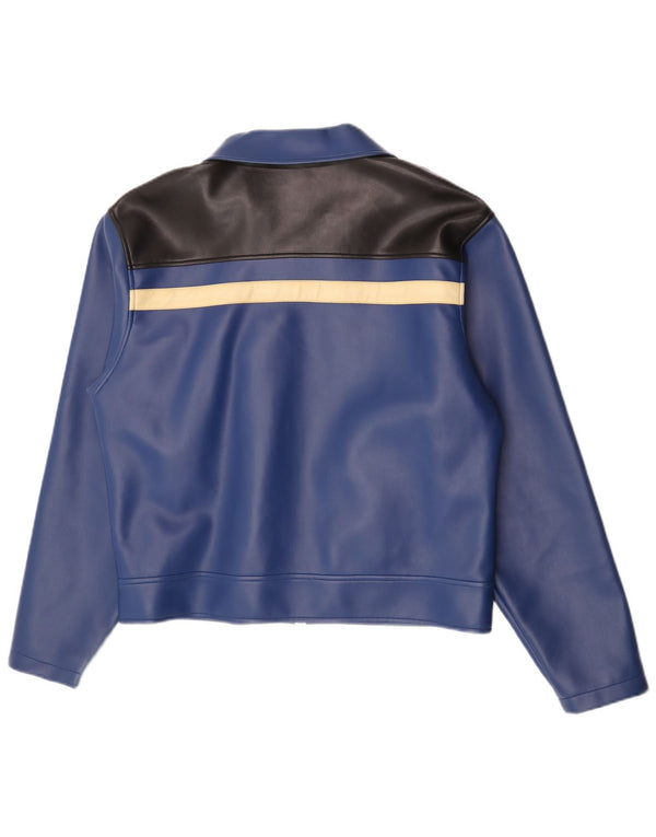 Vintage Mens Faux Leather Bomber Jacket UK 40 Large Blue Colourblock