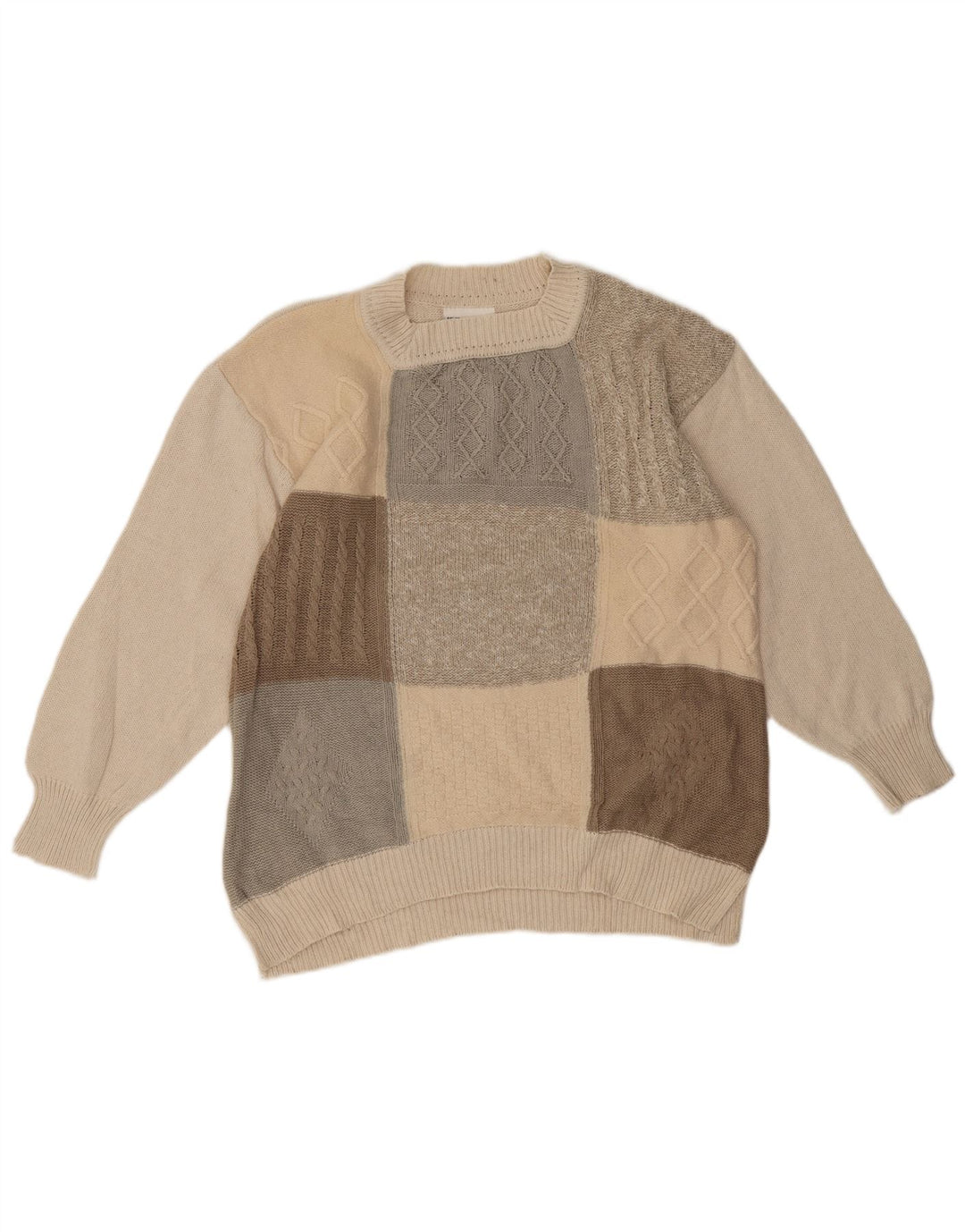 Pulover vintage pentru femei cu decolteu rotund EU 42 mare bej mozaic