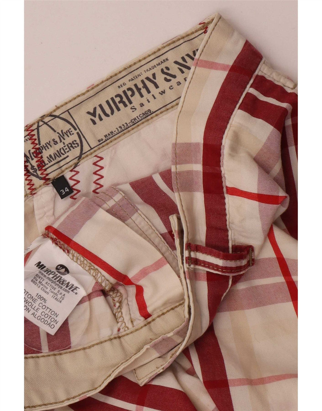 Murphy & Nye Pantaloni scurți chino pentru bărbați W34, bumbac în carouri roșii mari