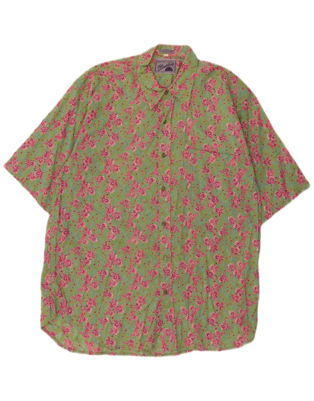 Cămașă vintage cu mânecă scurtă pentru bărbați, bumbac floral verde mediu