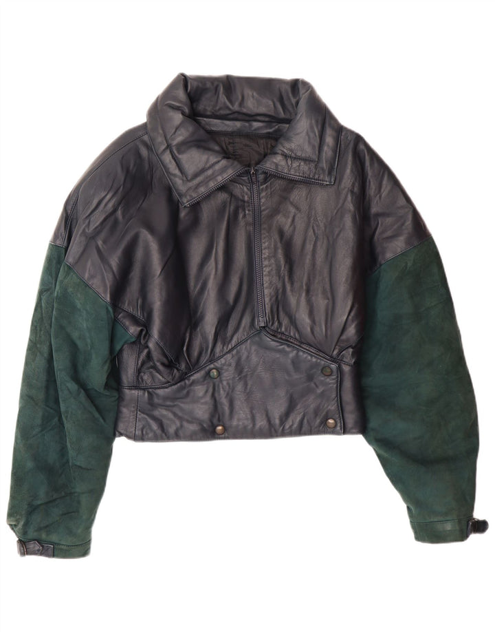 Jachetă de piele crop VINTAGE pentru femei UK 6 XS bleumarin