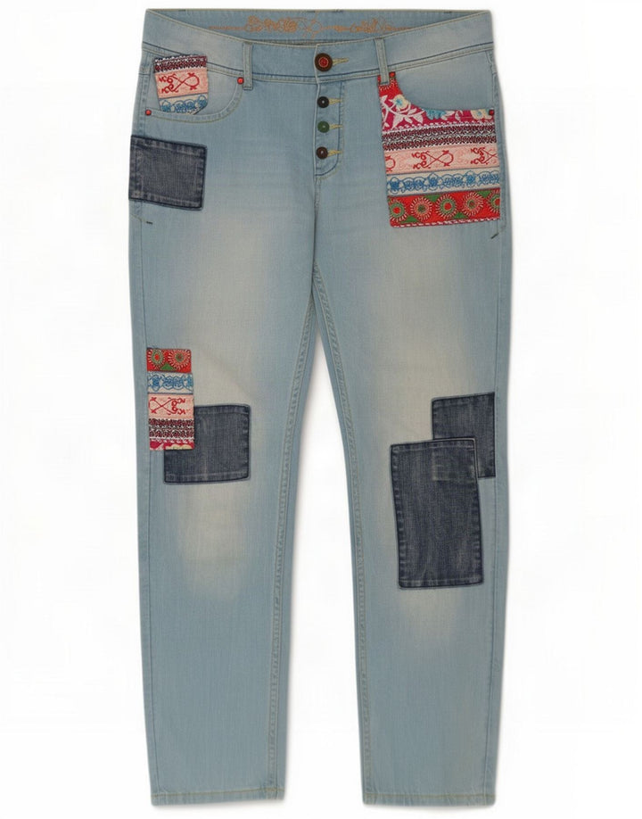 Banchi slim pentru femei Desigual W30 L28 Blue Patchwork Bumbac