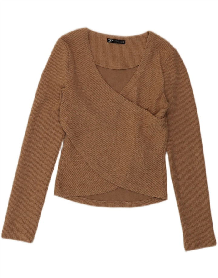 Crop Top pentru femei Zara cu mânecă lungă UK 8 Mic Maro Poliester