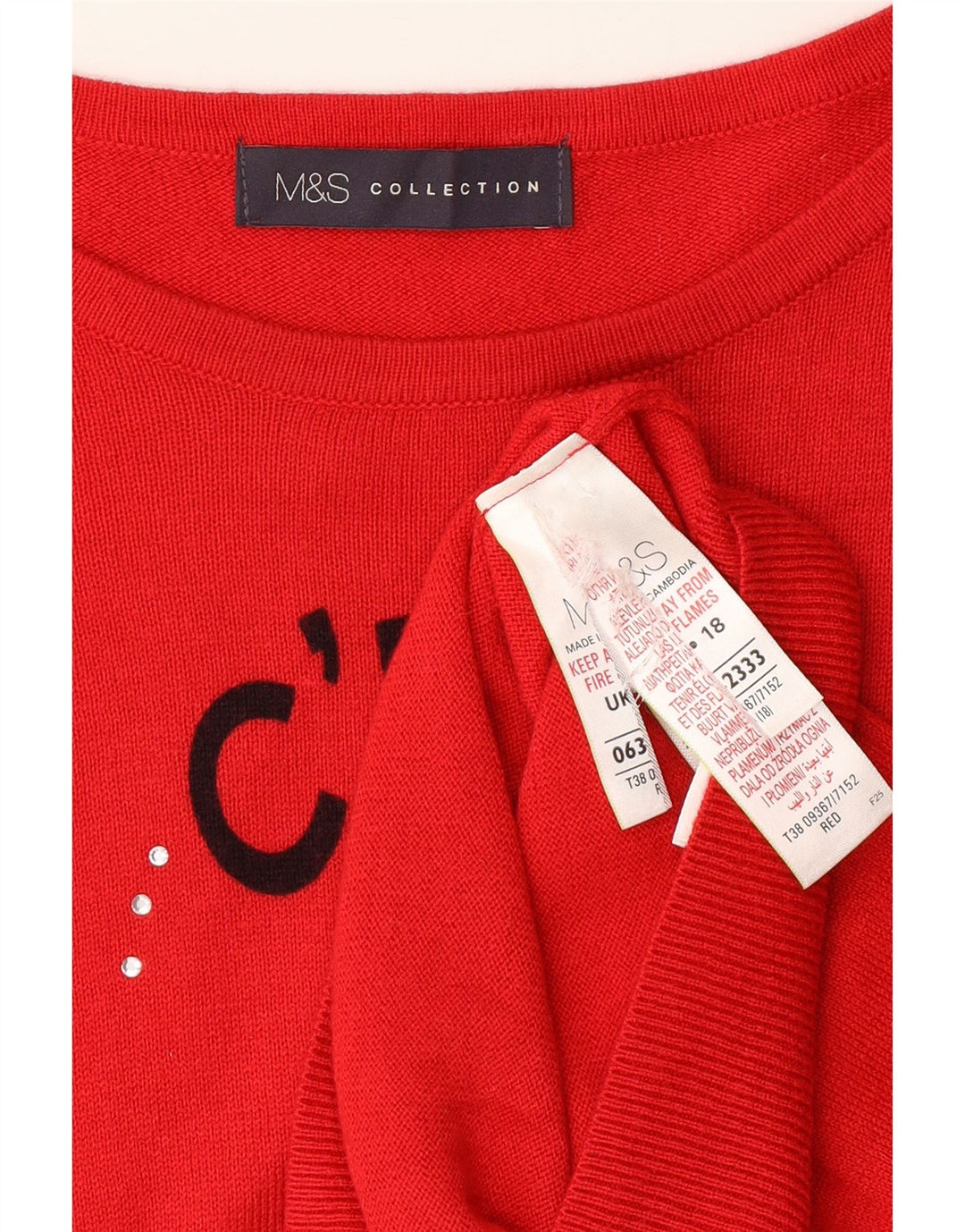 MARKS & SPENCER Pulover cu decolteu cu barcă cu grafică pentru femei UK 18 XL Roșu