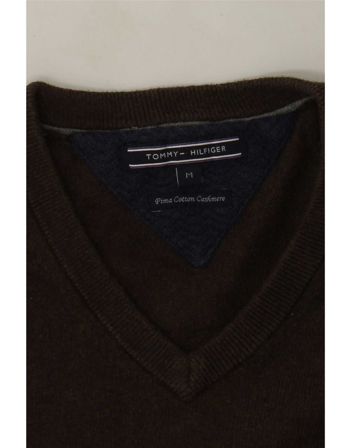 Pulover pentru bărbați Tommy Hilfiger cu decolteu în V, bumbac maro mediu