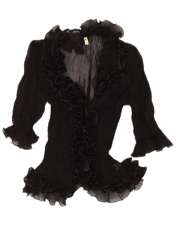 Bluză de cămașă cu volane în față pentru femei vintage UK 10 Poliester negru mic