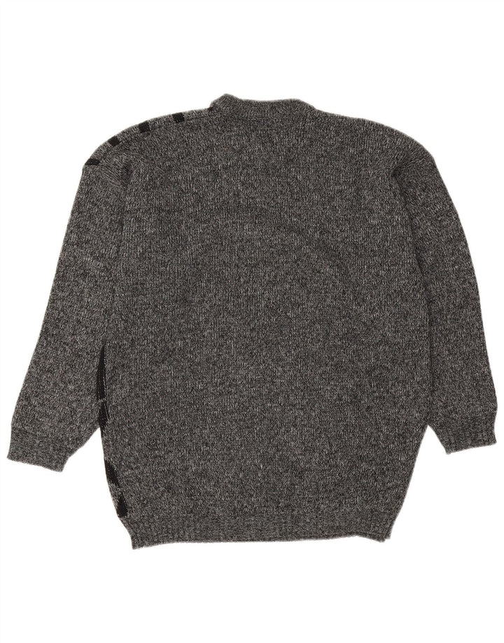 Pulover vintage pentru bărbați cu gâtul turnat, acrilic geometric, gri mediu