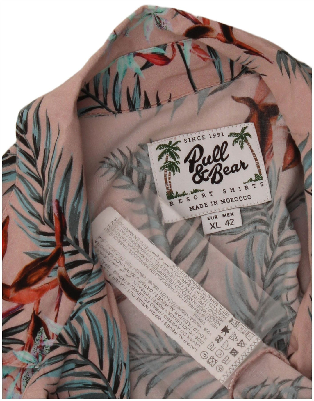 Cămașă cu mânecă scurtă pentru bărbați PULL & BEAR XL roz cu viscoză florală hawaiană
