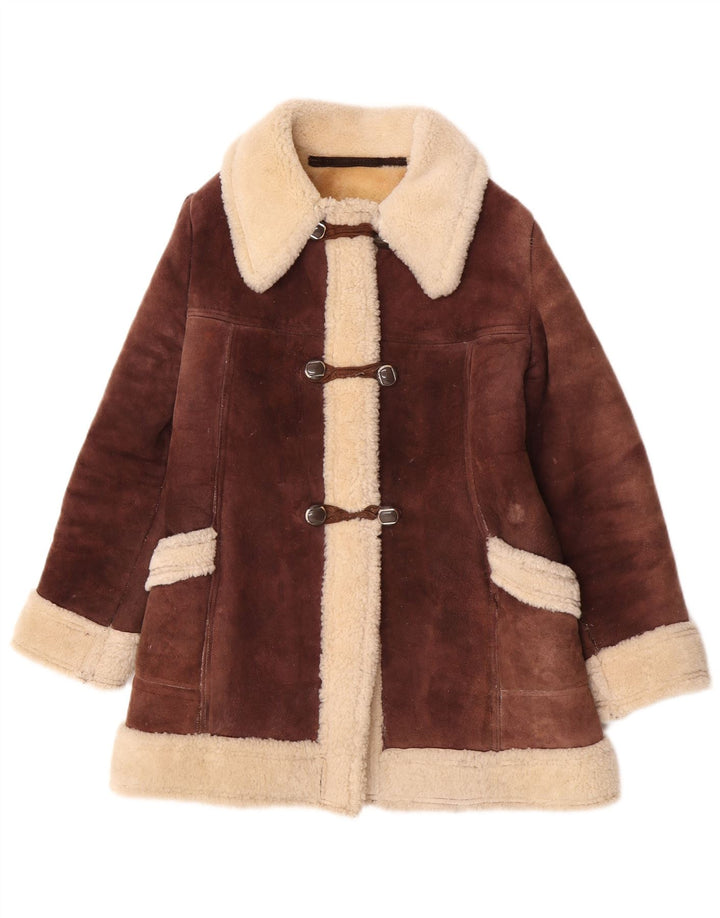 Palton vintage pentru femei din shearling UK 10 mic maro colorblock
