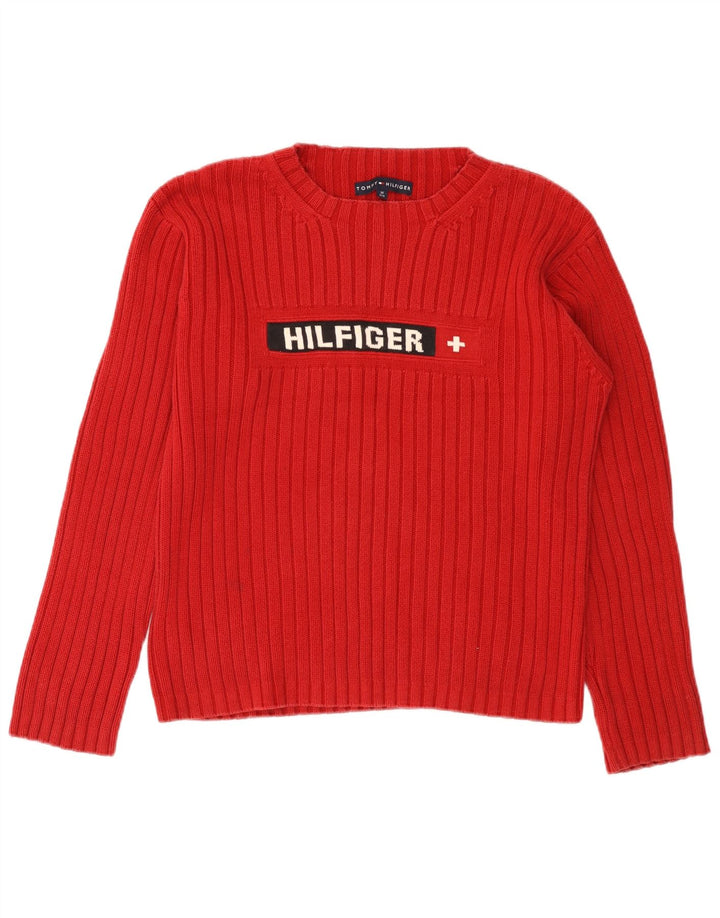 TOMMY HILFIGER Pulover cu decolteu cu grafic pentru femei, roșu mediu, UK 14