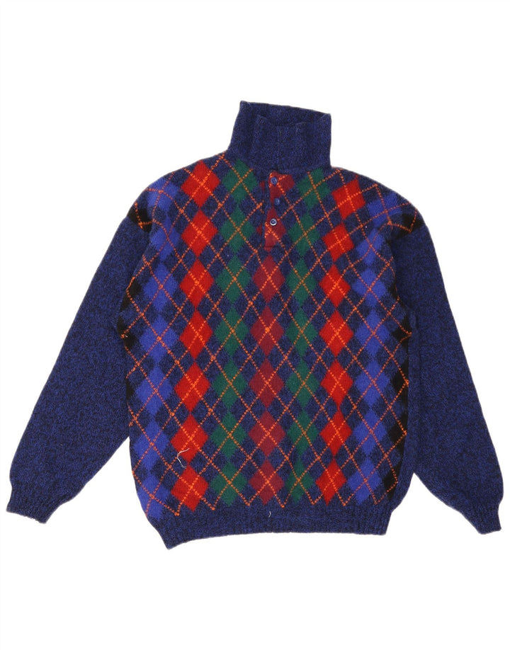 Pulover Benetton pentru bărbați cu gât polo IT 48 Small Blue Argyle/Diamond Wool