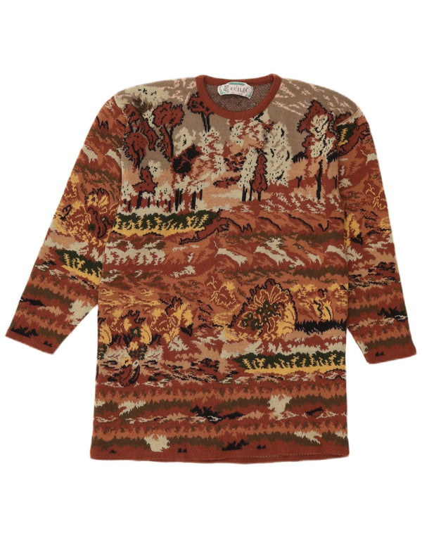 Pulover vintage pentru femei cu gât roșu și pulover UK 14 mare, maro, floral