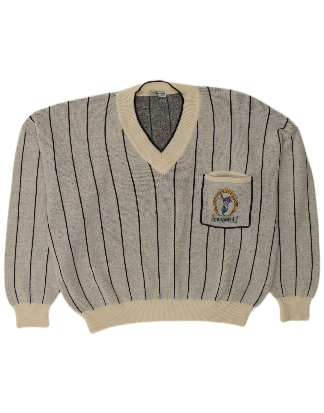 Pulover pentru femei Cacharel cu decolteu în V UK 18 XL Lână cu dungi gri