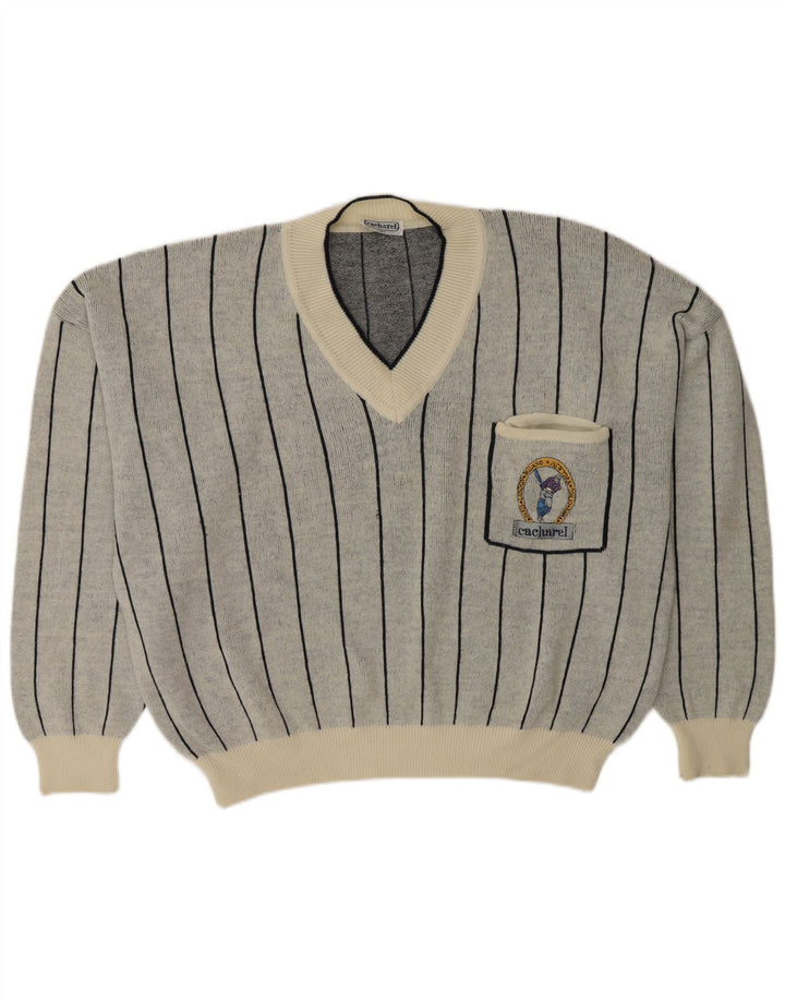 Pulover pentru femei Cacharel cu decolteu în V UK 18 XL Lână cu dungi gri