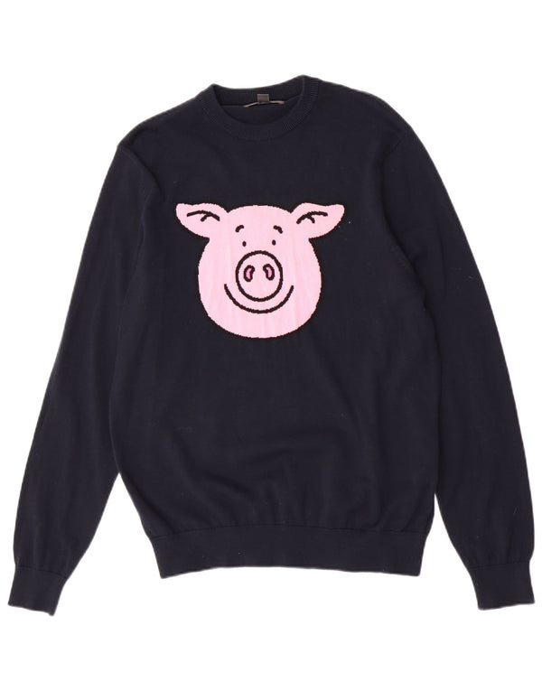 Marks & Spencer Mens Crew Neck Jumper Sweater Medium Navy Blue Animal Print