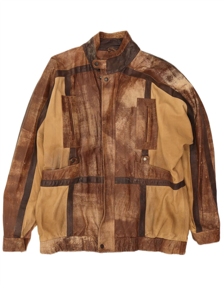 Jachetă de piele vintage pentru bărbați UK 44 2XL maro mozaic