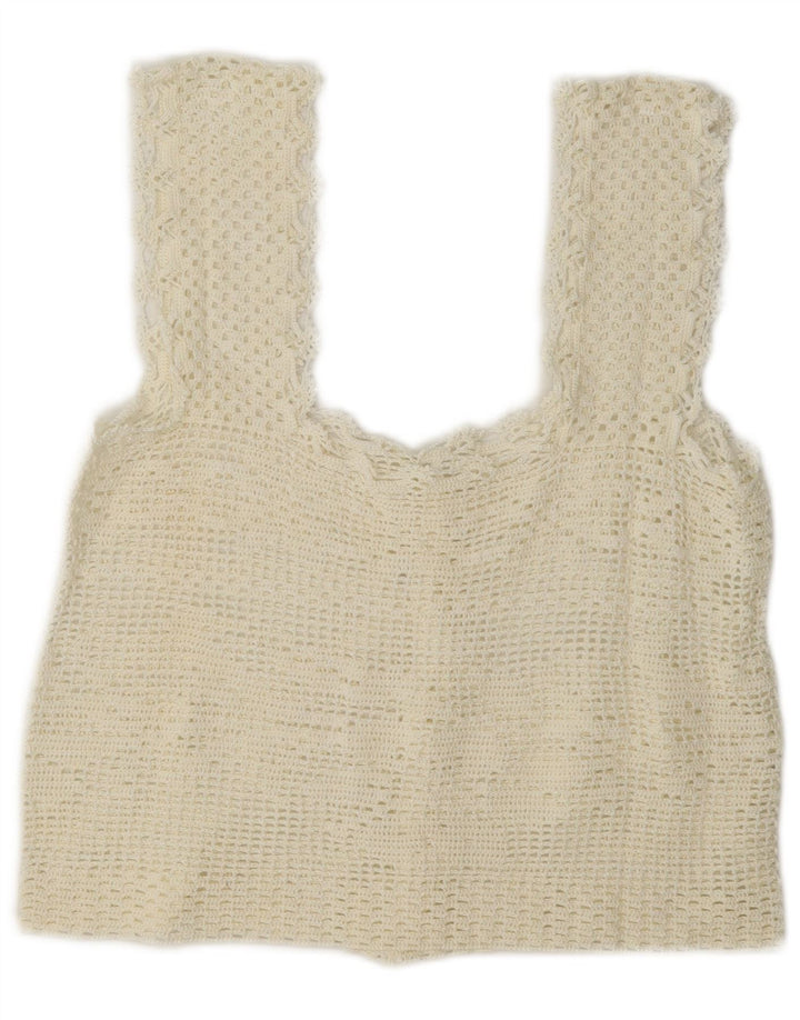 Crop Top fără mâneci din croșetat vintage pentru femei UK 12 Medium Off White