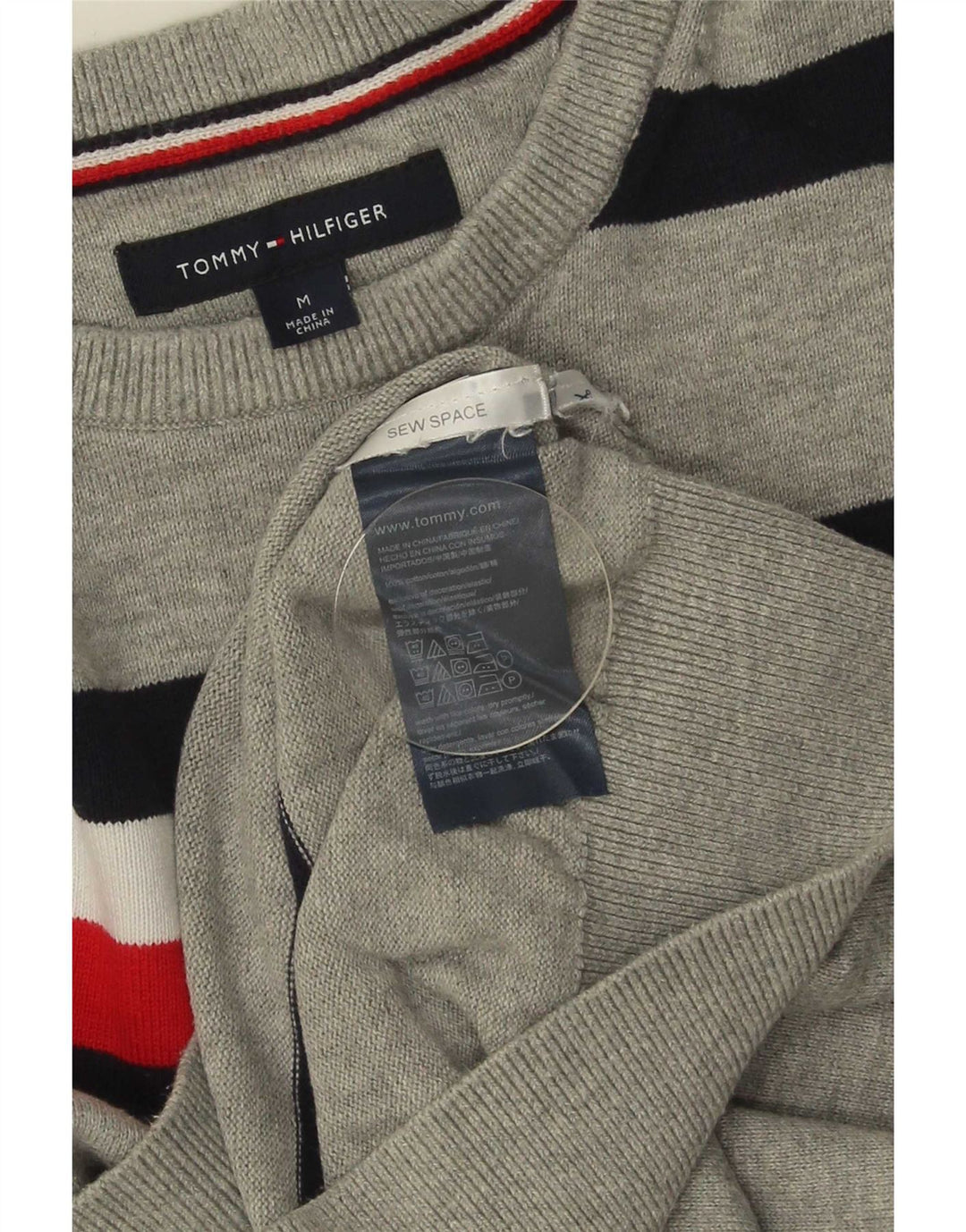 Tommy Hilfiger Mens Crew Neck Jumper Sweater Medium Grey Striped Cotton