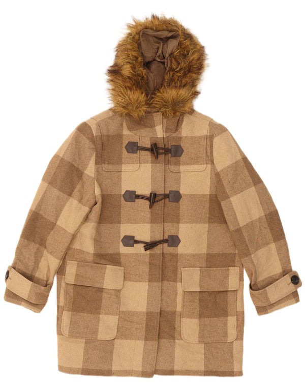 Marks & Spencer Womens Hooded Double Breasted Coat UK 16 Large Beige Check