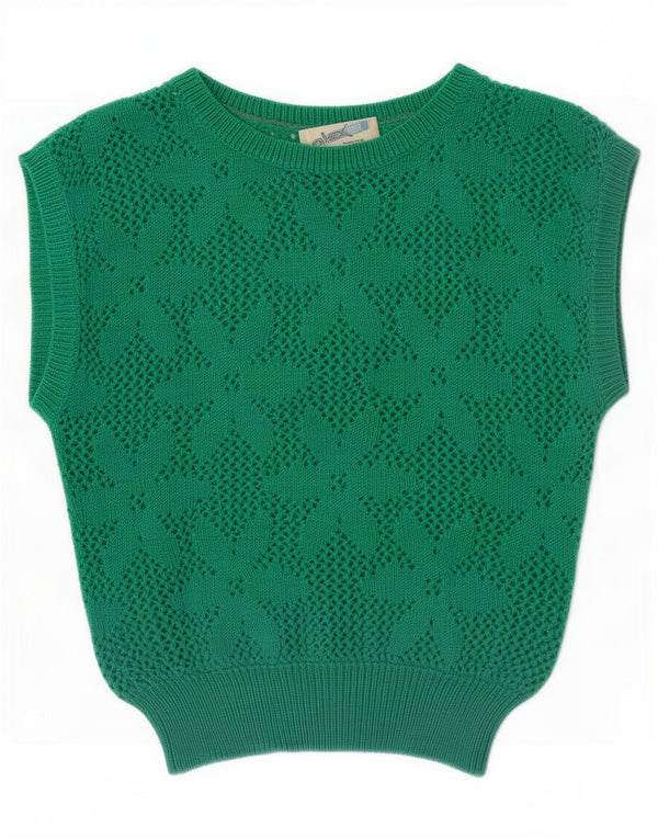 Vintage Crop Crochet Vest Tank Top UK 12 Medium Verde Floral Acrilic
