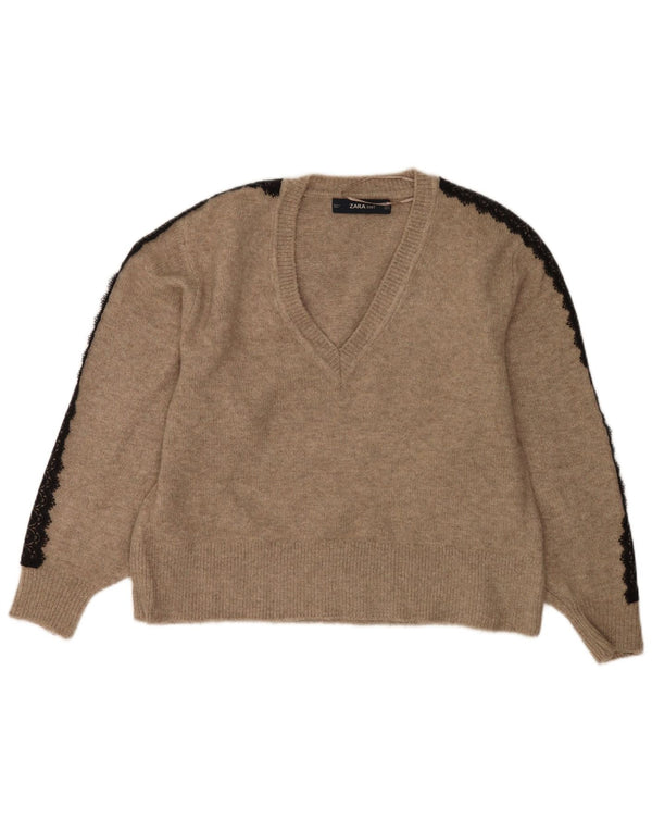 Pulover cu decolteu în V supradimensionat pentru femei Zara UK 10 Mic Bej Acrilic