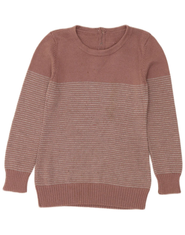 Pulover vintage pentru femei cu gât roșu, cu dungi mici, roz