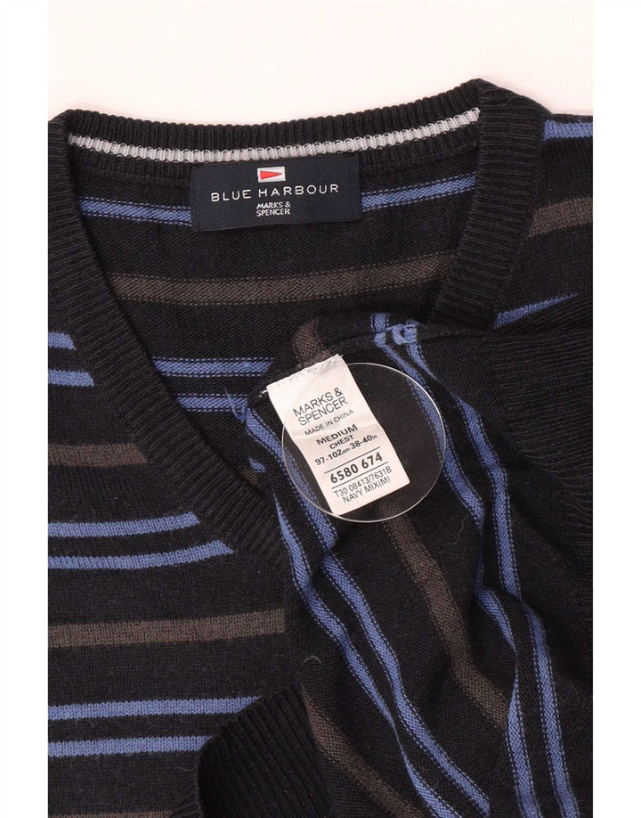 Pulover pentru bărbați Marks & Spencer cu decolteu în V, mediu, albastru marin, cu dungi acrilice