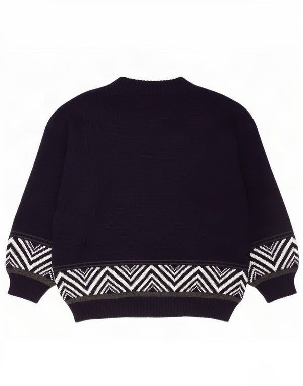 Vintage Mens Graphic Crew Neck Jumper Sweater Large Navy Blue Acrylic