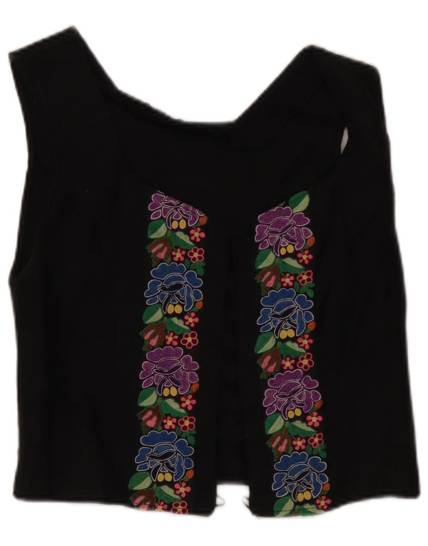 Cardigan Vintage Crop fără mâneci pentru femei UK 8 Small Black Floral