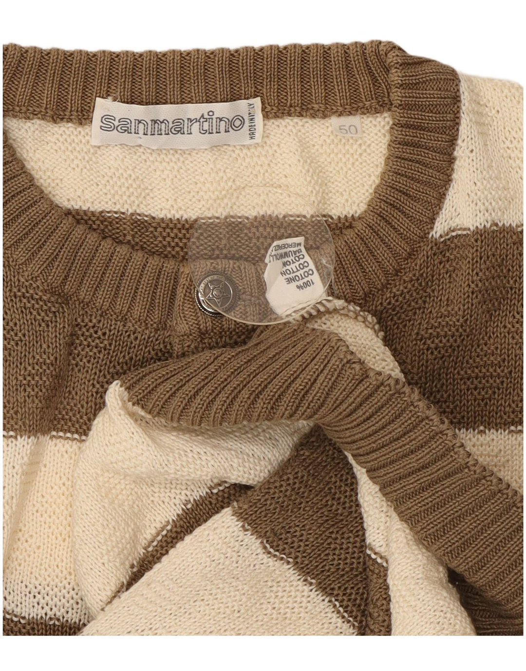 Pulover vintage pentru damă cu gât cu nasturi IT 50 bumbac cu dungi maro mediu
