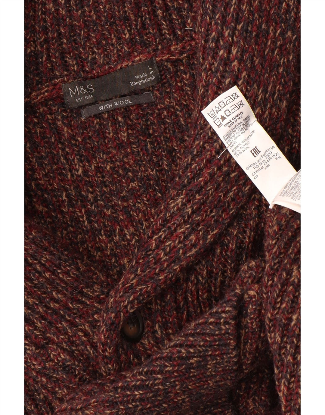 MARKS & SPENCER Pulover cardigan pentru bărbați, mare, burgundă, cu pete acrilice