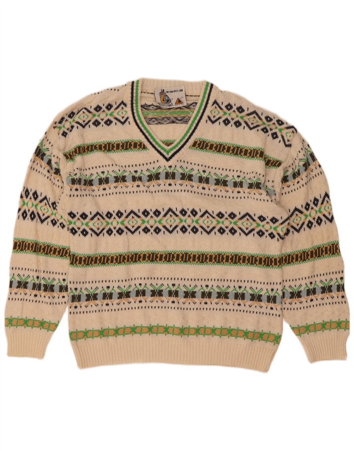 Pulover vintage pentru bărbați cu decolteu în V, bumbac geometric alb mediu