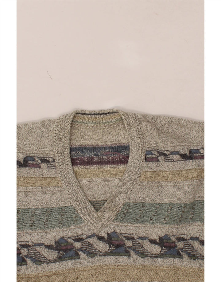 VINTAGE Mens V-Neck Jumper Sweater Medium Grey Geometric Vintage Vintage and Second-Hand Vintage from Messina Hembry 