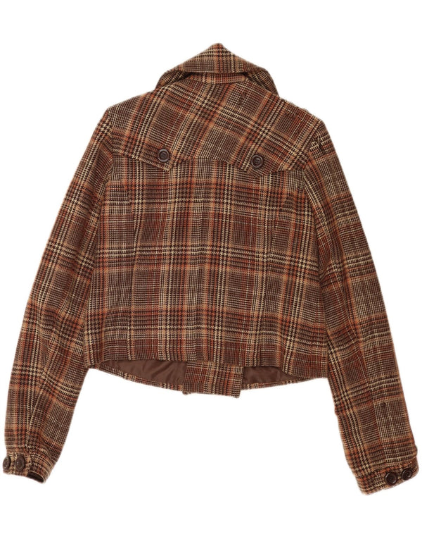 Vintage Womens Crop Pea Coat UK 16 Large Brown Check Wool