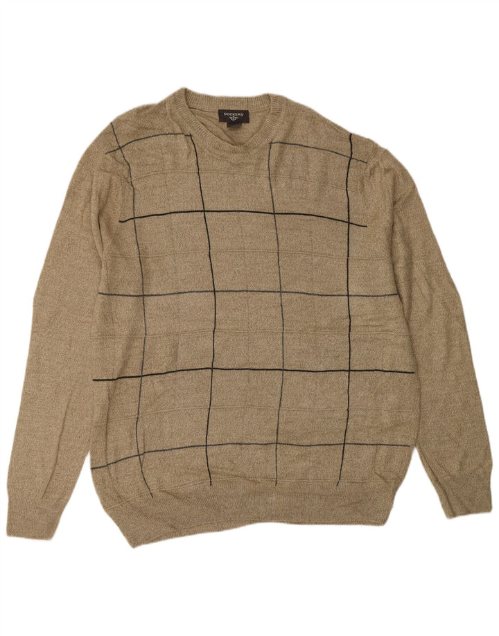 Pulover pentru bărbați DOCKERS cu decolteu rotund, mare, bej, cu carouri acrilice