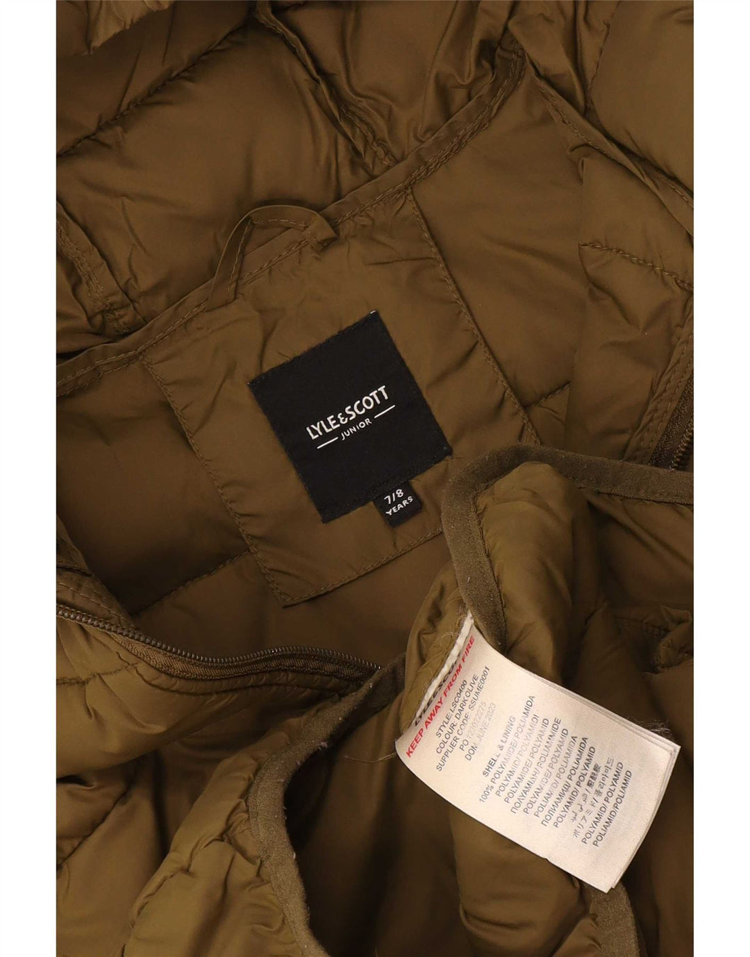 Jachetă căptușită cu glugă Lyle & Scott pentru băieți 7-8 ani Kaki Poliamidă
