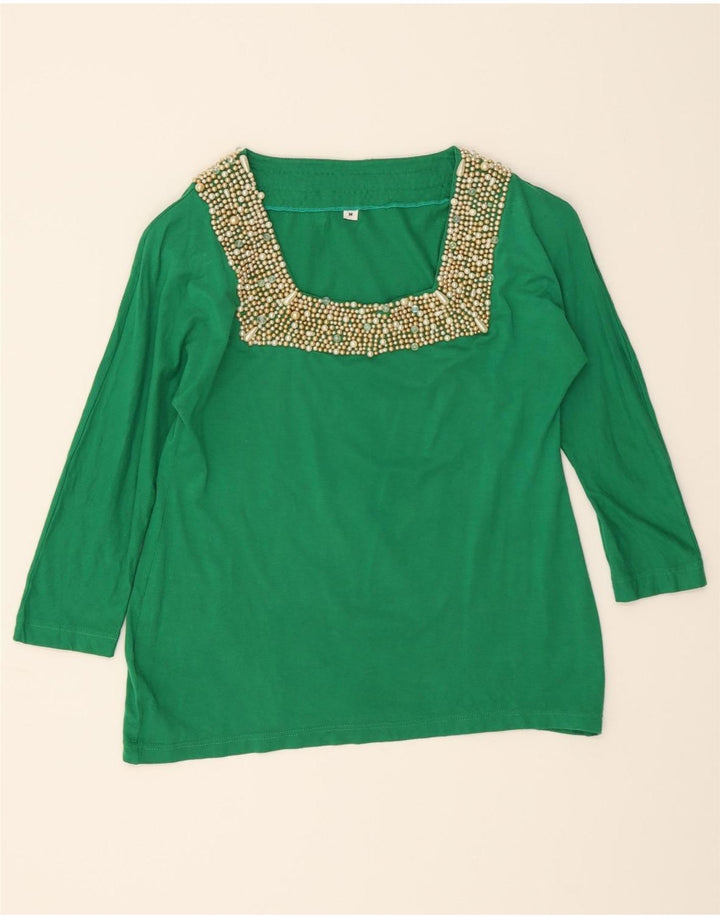 VINTAGE Womens Top 3/4 Sleeve UK 12 Medium Green Vintage Vintage and Second-Hand Vintage from Messina Hembry 