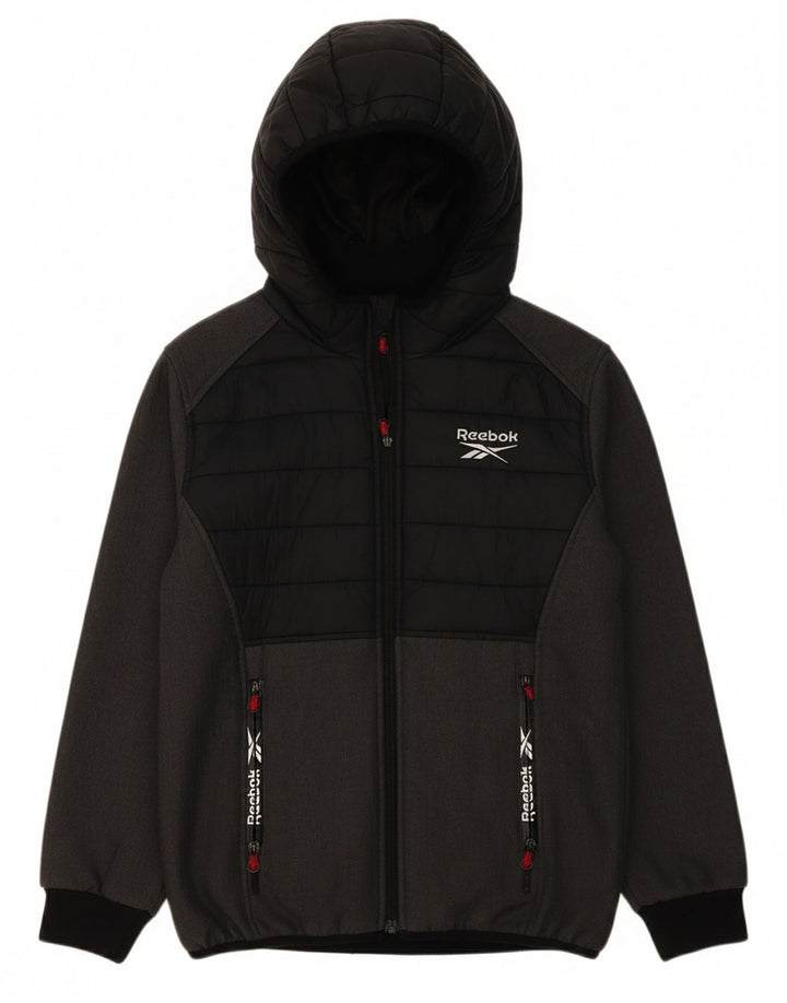 REEBOK Boys Hooded Bomber Jacket 10-11 Years Grey Colourblock Polyester