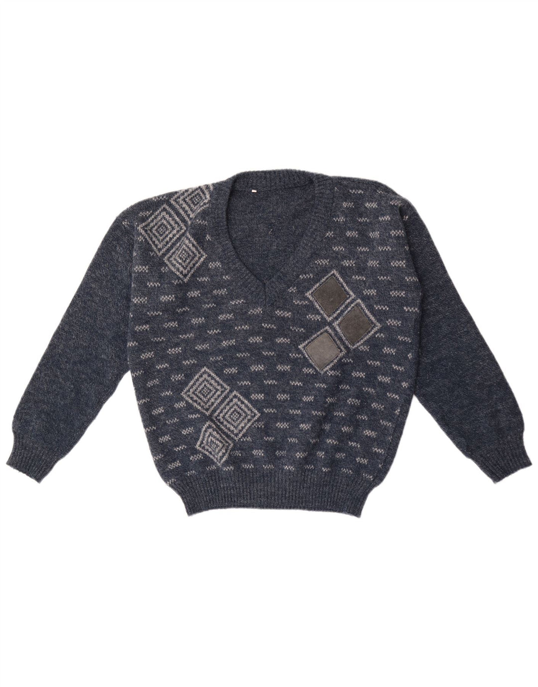 Pulover vintage pentru bărbați cu decolteu în V, mijlociu, bleumarin, geometric